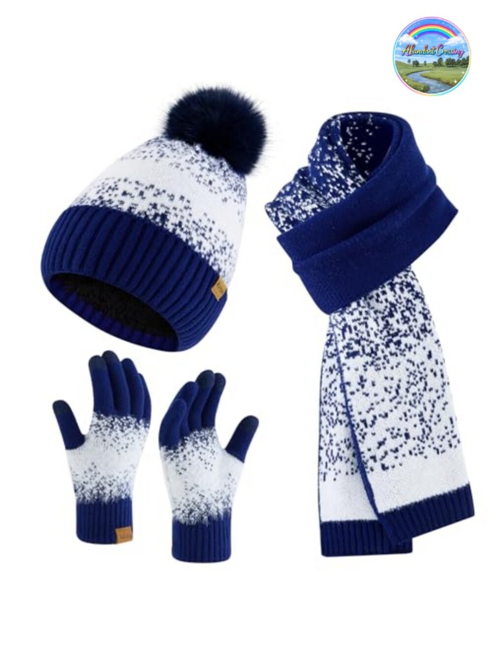 Womens Acrylic Nylon Knit Beanie Scarf Touchscreen Gloves 3 Piece Winter Set